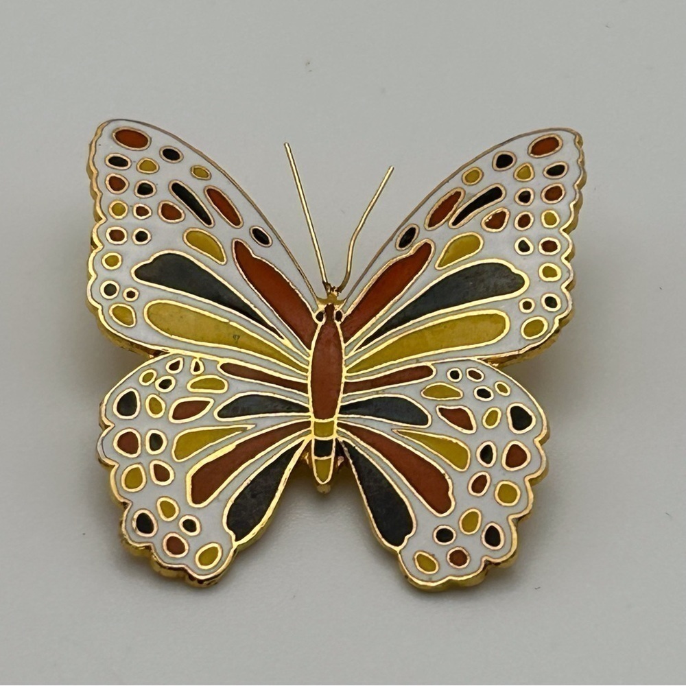 Small Gold Tone Butterfly Brooch White, Black and Orange Nature Beautiful - Picture 2 of 6